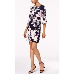 NWT VINCE CAMUTO Women’s Dress Sz 2 Navy Blue Floral Bell-Sleeve Shift Cocktail
